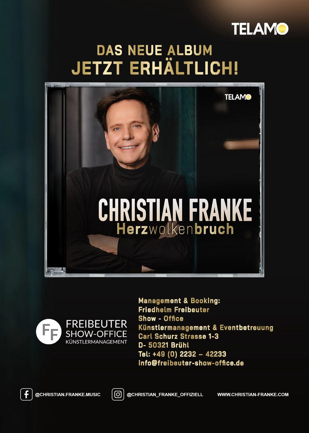 CF Christian Franke – Musiker – Werbeplakat für Christian Frankes neues Album „Herzwolkenbruch“ mit seinem Porträt und Kontaktinformationen für Management und Booking.
